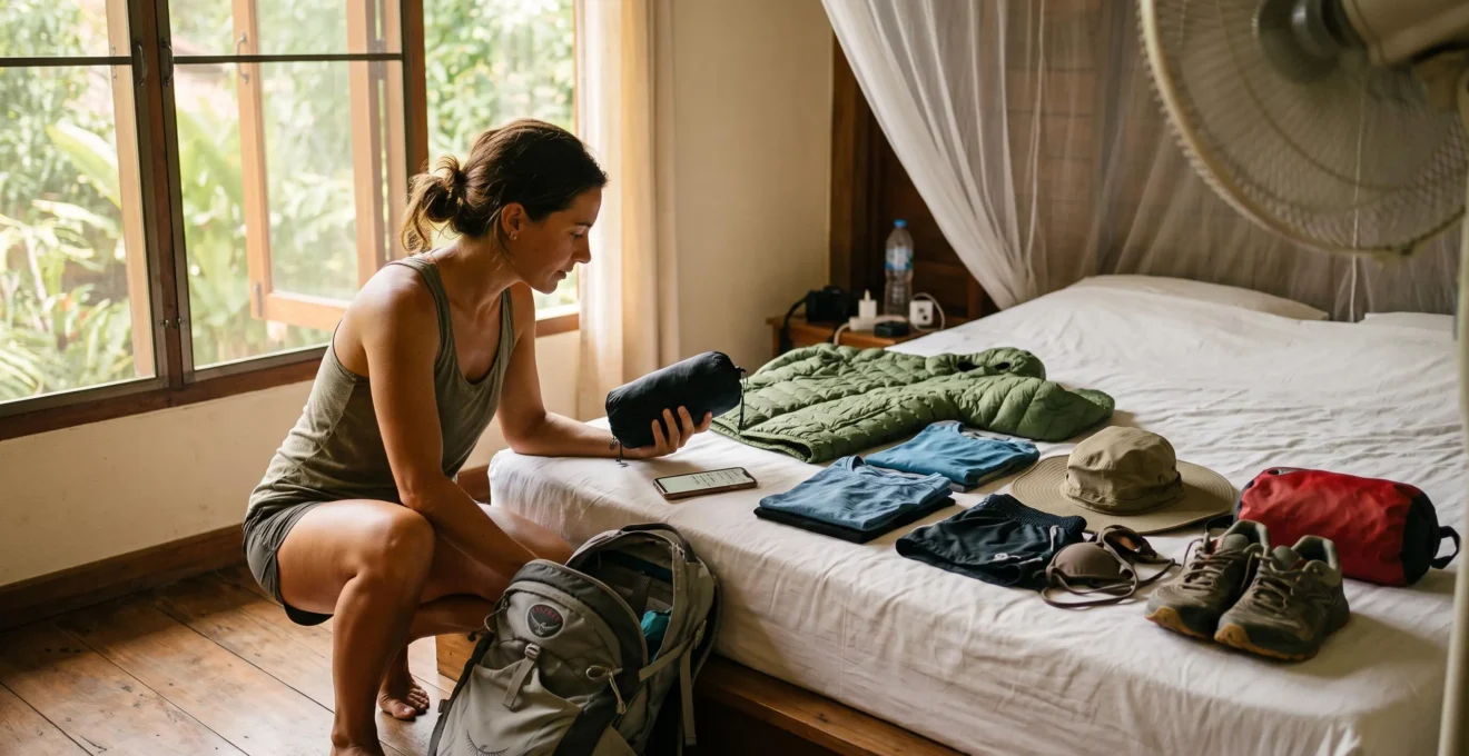 A traveler sorts a down jacket, rain shell, swimwear and trekking gear on a guesthouse bed in Thailand before a multi-region trip.