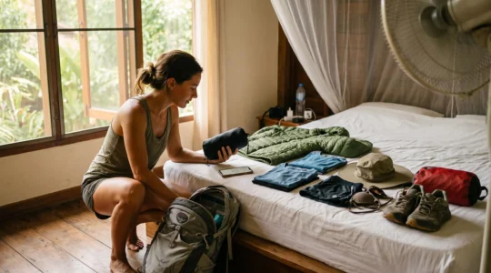 A traveler sorts a down jacket, rain shell, swimwear and trekking gear on a guesthouse bed in Thailand before a multi-region trip.