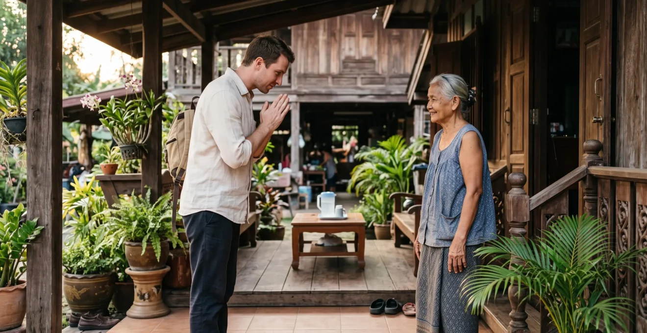 A foreign traveler performing a chest-level wai greeting to a Thai elder outside a traditional wooden house while she responds with a nod.