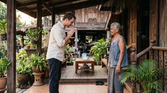 A foreign traveler performing a chest-level wai greeting to a Thai elder outside a traditional wooden house while she responds with a nod.