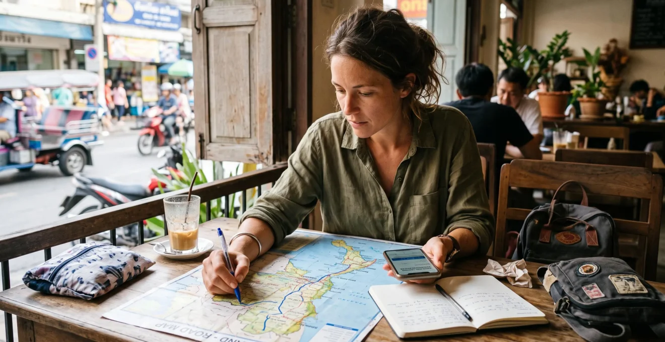A traveler traces a route on a paper map of Thailand at a guesthouse table while checking her phone.