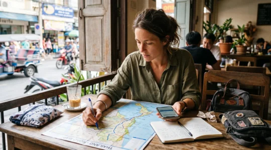 A traveler traces a route on a paper map of Thailand at a guesthouse table while checking her phone.