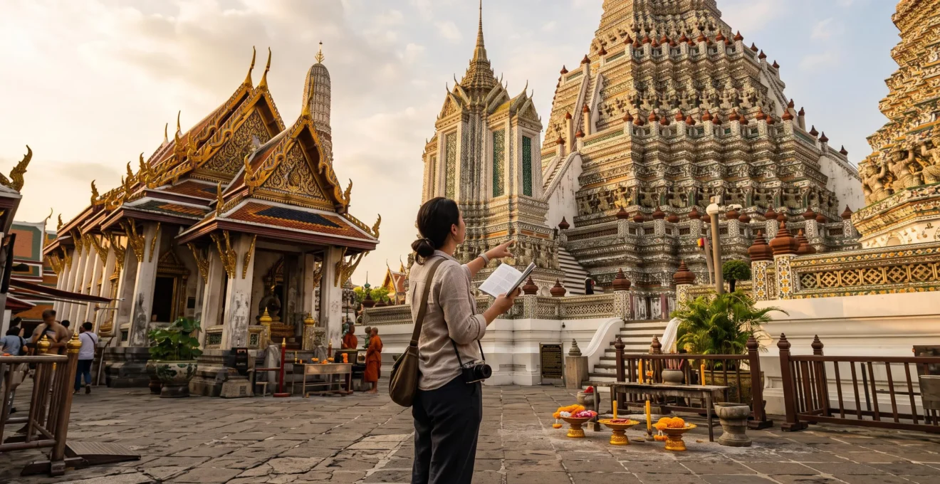 A traveler examines a tiered temple roof and a bell-shaped chedi in a Thai temple courtyard in early morning light.