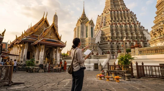 A traveler examines a tiered temple roof and a bell-shaped chedi in a Thai temple courtyard in early morning light.