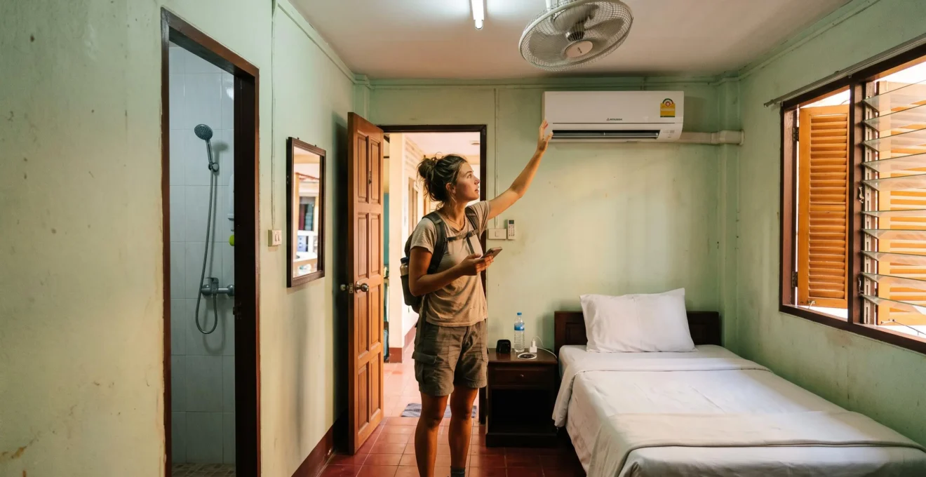 A traveller inspects the wall-mounted air-conditioning unit in a simple Thai guesthouse room with a ceiling fan and open bathroom.