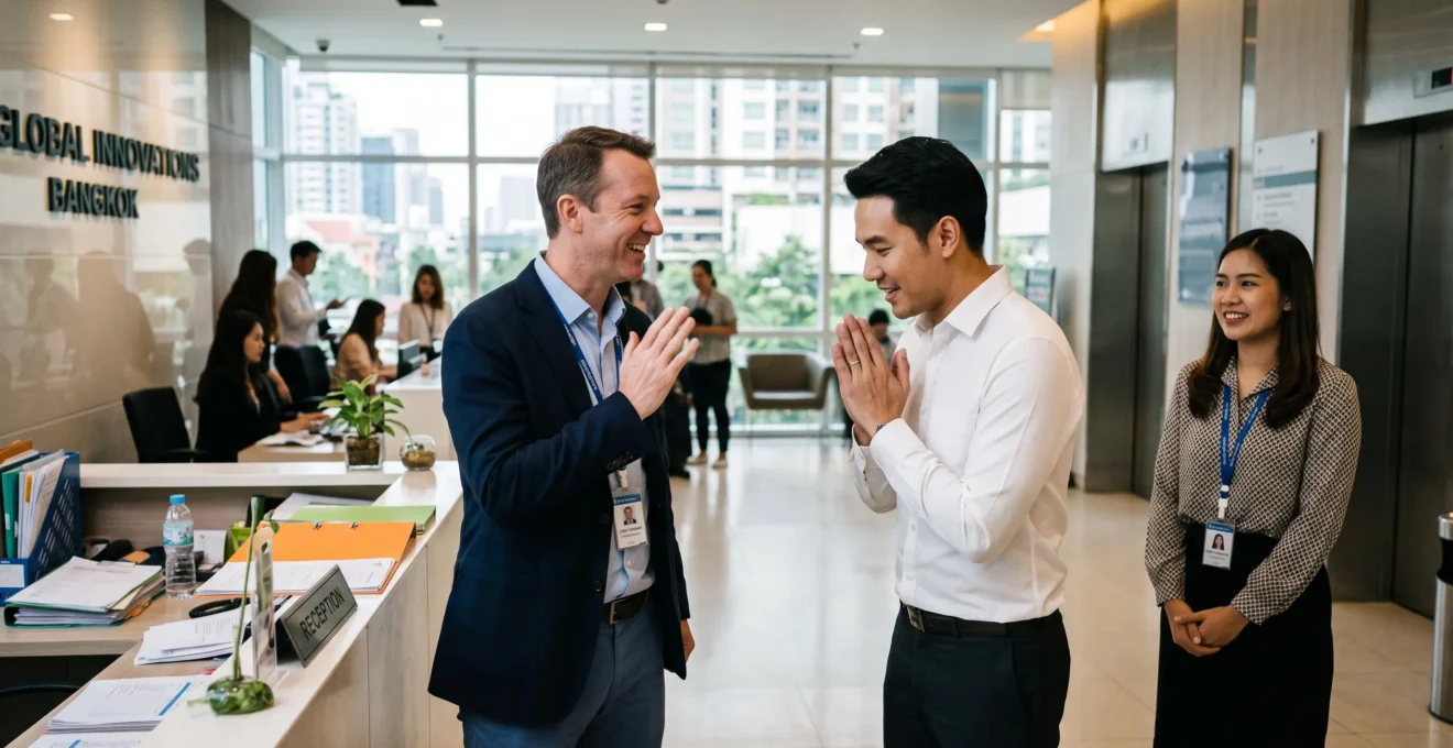 A Thai professional performs a wai greeting to a foreign visitor during a first introduction in an office lobby.