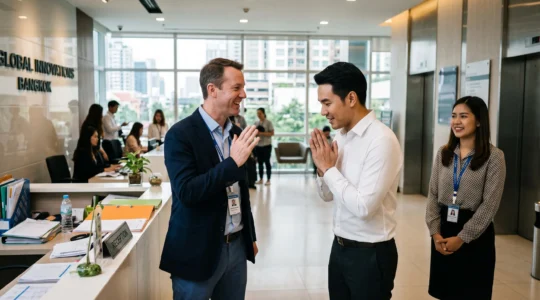 A Thai professional performs a wai greeting to a foreign visitor during a first introduction in an office lobby.