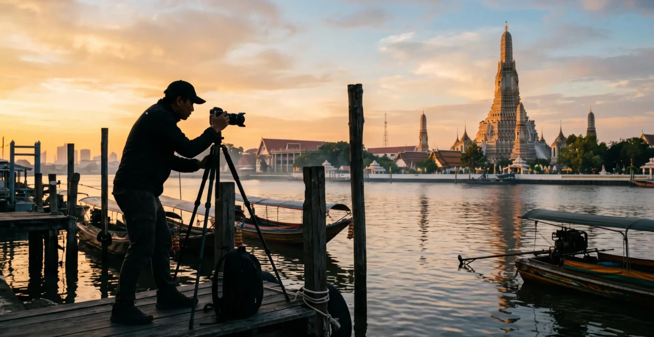 A photographer with a tripod on the west bank of the Chao Phraya river photographs Wat Arun temple lit by the first dawn light.