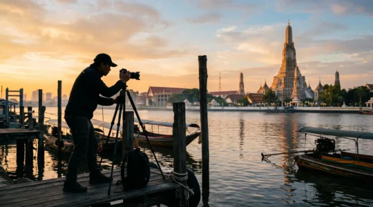 A photographer with a tripod on the west bank of the Chao Phraya river photographs Wat Arun temple lit by the first dawn light.