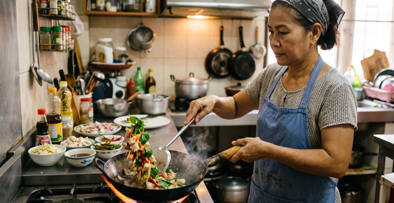 A cook tossing vegetables and Thai basil in a carbon steel wok over a high flame in a home kitchen