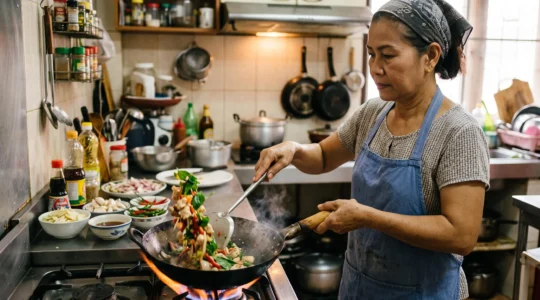 A cook tossing vegetables and Thai basil in a carbon steel wok over a high flame in a home kitchen
