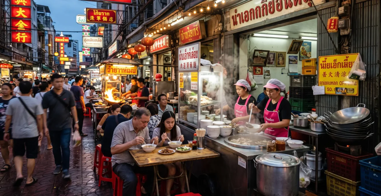 Vendors cook and serve street food to diners on plastic stools along a busy Bangkok Chinatown street illuminated by neon signs at dusk.