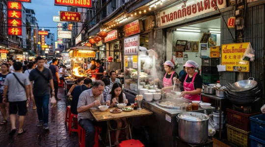 Vendors cook and serve street food to diners on plastic stools along a busy Bangkok Chinatown street illuminated by neon signs at dusk.